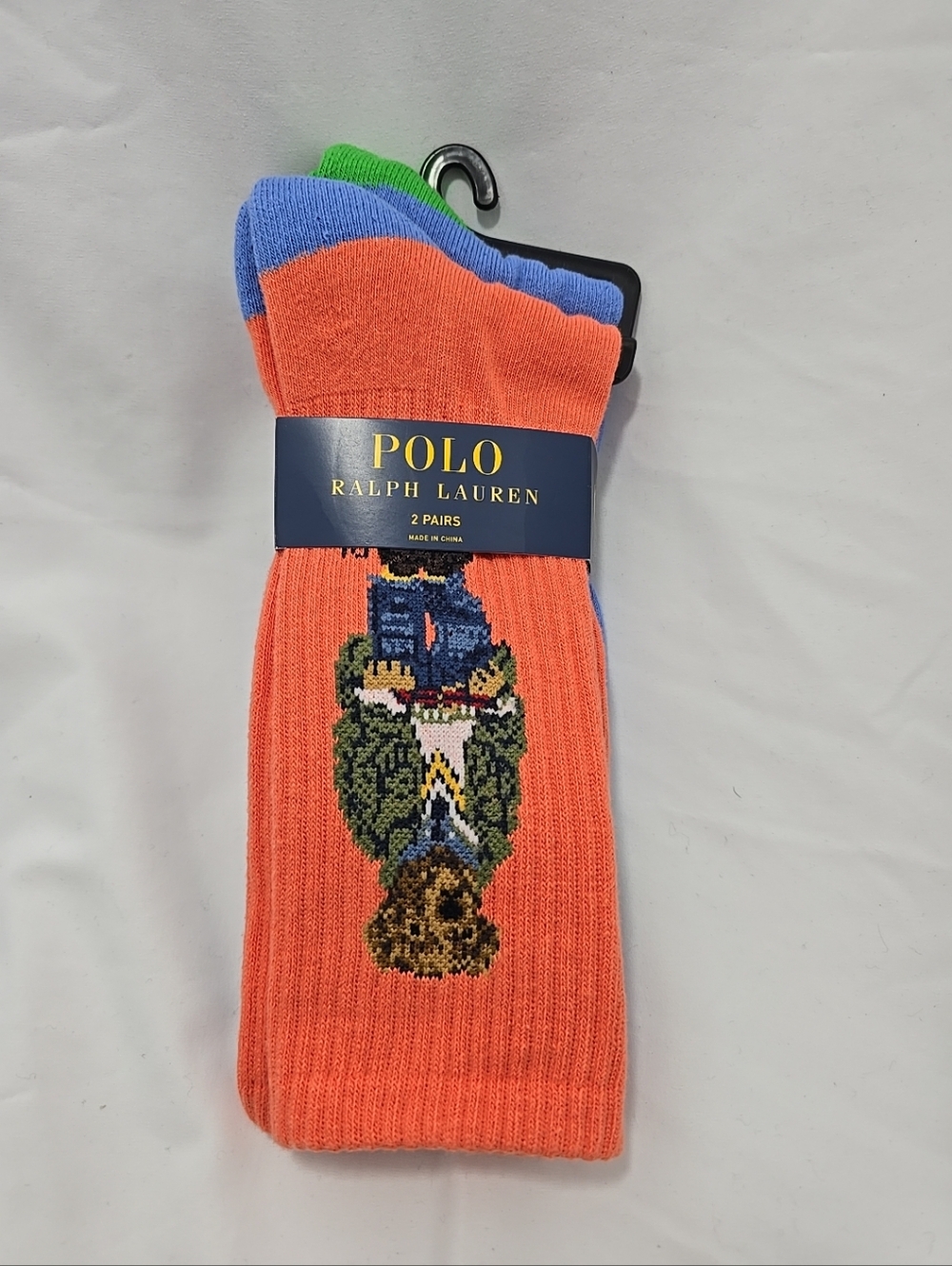 NWT Polo Ralph Lauren Men's Crew Lenth Ribbed Socks 2 Pk Bear Print Blue Orange - Picture 2 of 4